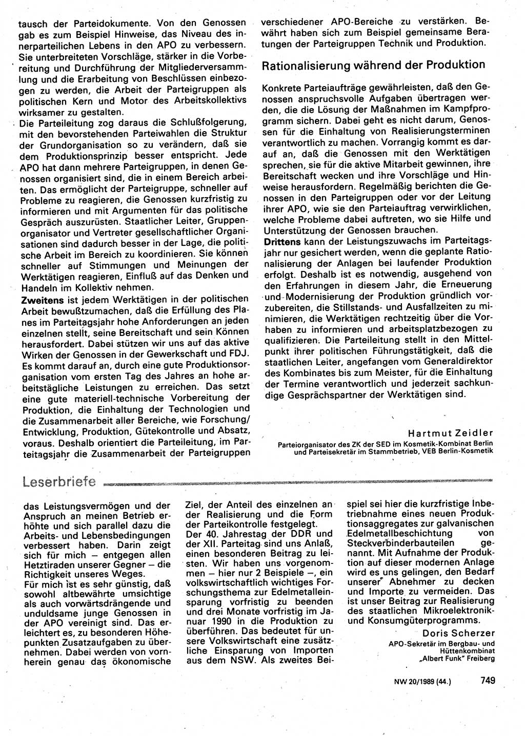 Neuer Weg (NW), Organ des Zentralkomitees (ZK) der SED (Sozialistische Einheitspartei Deutschlands) für Fragen des Parteilebens, 44. Jahrgang [Deutsche Demokratische Republik (DDR)] 1989, Seite 749 (NW ZK SED DDR 1989, S. 749)