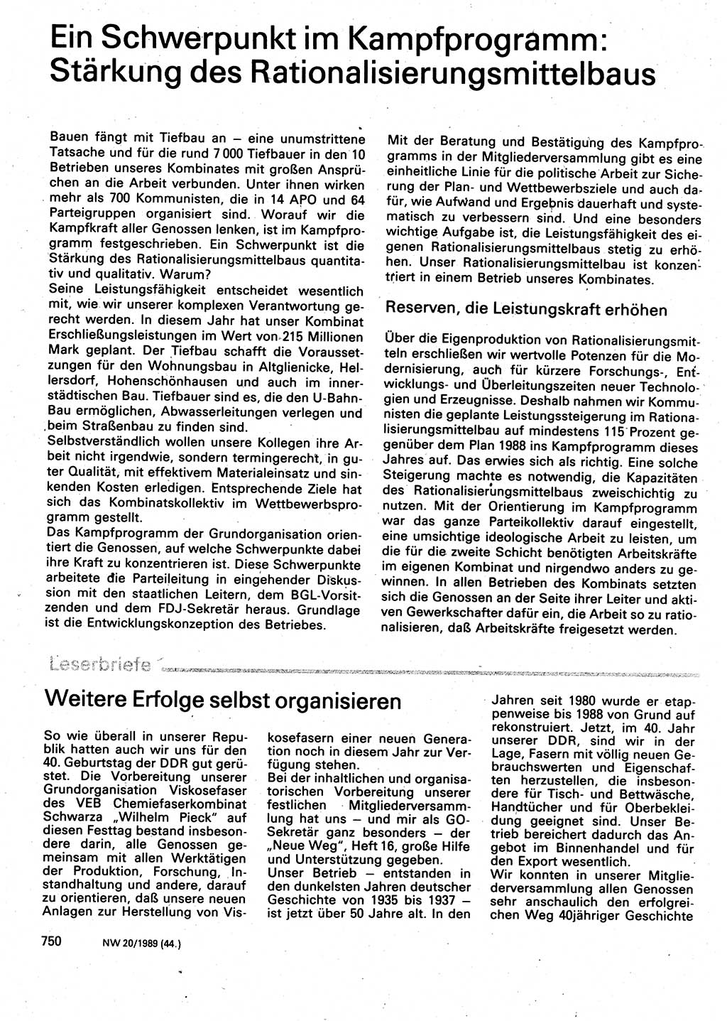 Neuer Weg (NW), Organ des Zentralkomitees (ZK) der SED (Sozialistische Einheitspartei Deutschlands) für Fragen des Parteilebens, 44. Jahrgang [Deutsche Demokratische Republik (DDR)] 1989, Seite 750 (NW ZK SED DDR 1989, S. 750)