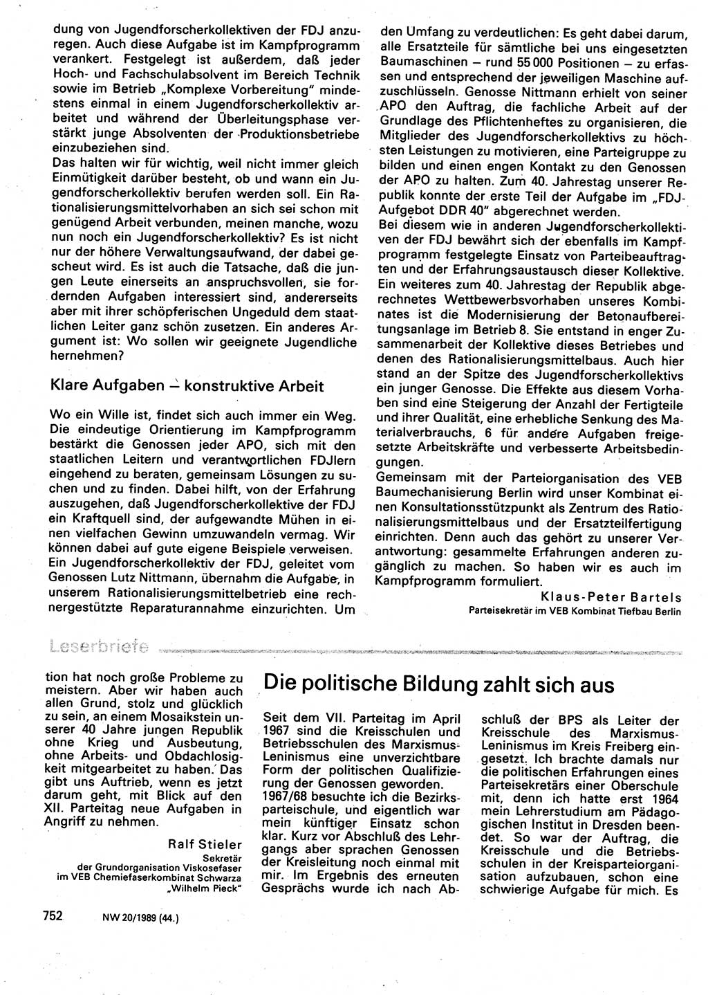 Neuer Weg (NW), Organ des Zentralkomitees (ZK) der SED (Sozialistische Einheitspartei Deutschlands) für Fragen des Parteilebens, 44. Jahrgang [Deutsche Demokratische Republik (DDR)] 1989, Seite 752 (NW ZK SED DDR 1989, S. 752)