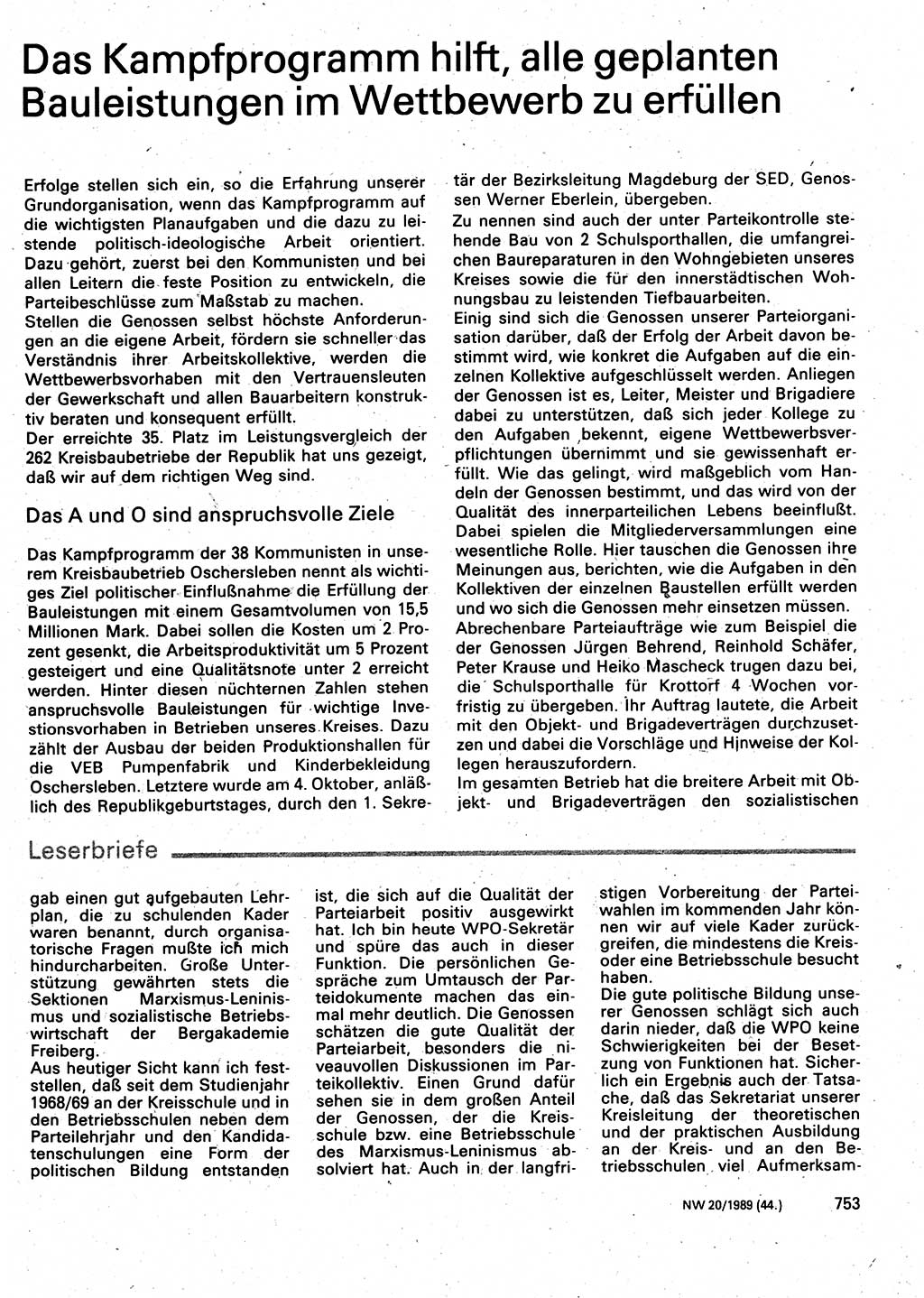 Neuer Weg (NW), Organ des Zentralkomitees (ZK) der SED (Sozialistische Einheitspartei Deutschlands) für Fragen des Parteilebens, 44. Jahrgang [Deutsche Demokratische Republik (DDR)] 1989, Seite 753 (NW ZK SED DDR 1989, S. 753)