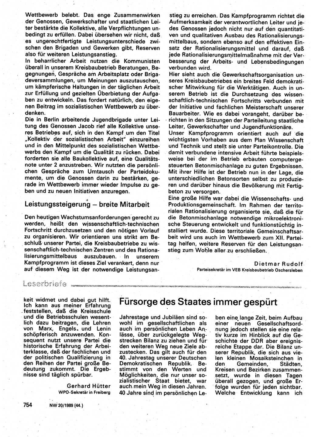 Neuer Weg (NW), Organ des Zentralkomitees (ZK) der SED (Sozialistische Einheitspartei Deutschlands) für Fragen des Parteilebens, 44. Jahrgang [Deutsche Demokratische Republik (DDR)] 1989, Seite 754 (NW ZK SED DDR 1989, S. 754)