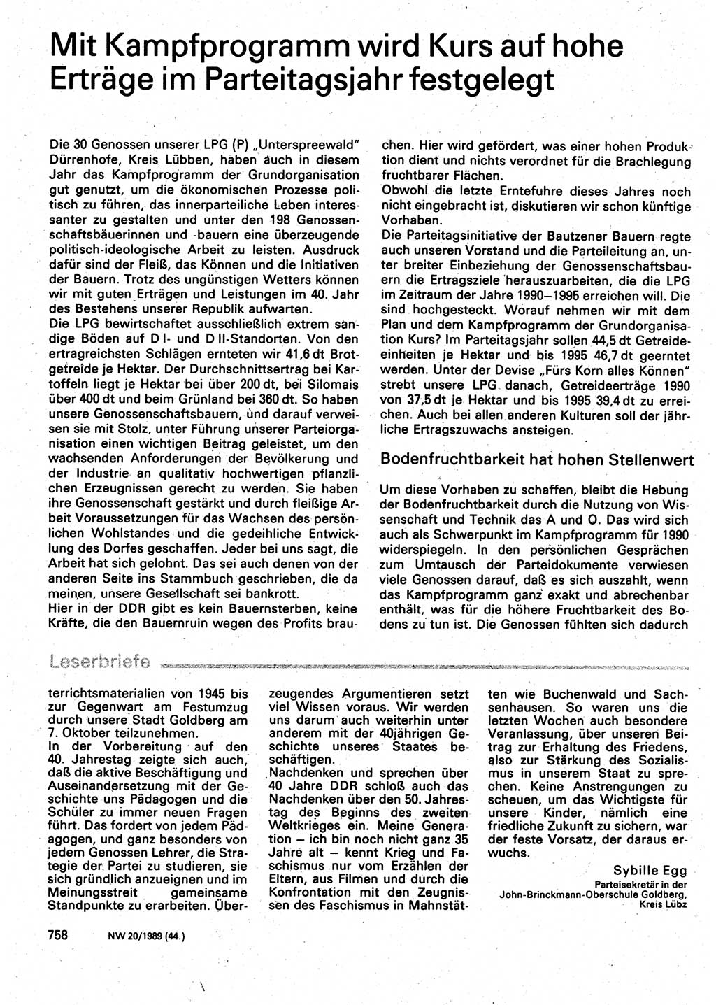 Neuer Weg (NW), Organ des Zentralkomitees (ZK) der SED (Sozialistische Einheitspartei Deutschlands) für Fragen des Parteilebens, 44. Jahrgang [Deutsche Demokratische Republik (DDR)] 1989, Seite 758 (NW ZK SED DDR 1989, S. 758)