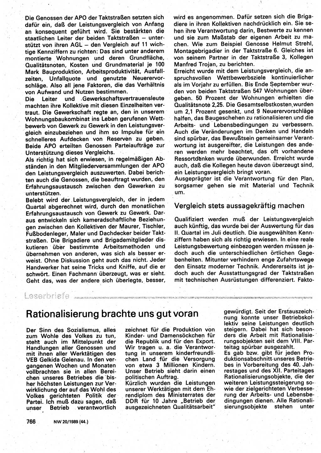 Neuer Weg (NW), Organ des Zentralkomitees (ZK) der SED (Sozialistische Einheitspartei Deutschlands) für Fragen des Parteilebens, 44. Jahrgang [Deutsche Demokratische Republik (DDR)] 1989, Seite 766 (NW ZK SED DDR 1989, S. 766)