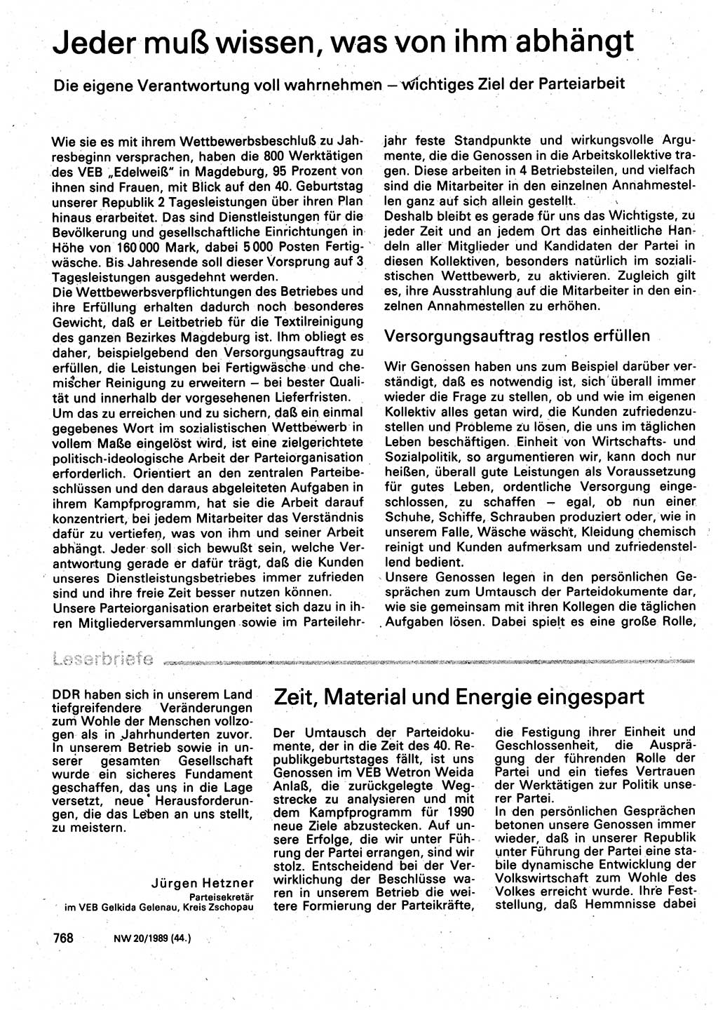 Neuer Weg (NW), Organ des Zentralkomitees (ZK) der SED (Sozialistische Einheitspartei Deutschlands) für Fragen des Parteilebens, 44. Jahrgang [Deutsche Demokratische Republik (DDR)] 1989, Seite 768 (NW ZK SED DDR 1989, S. 768)