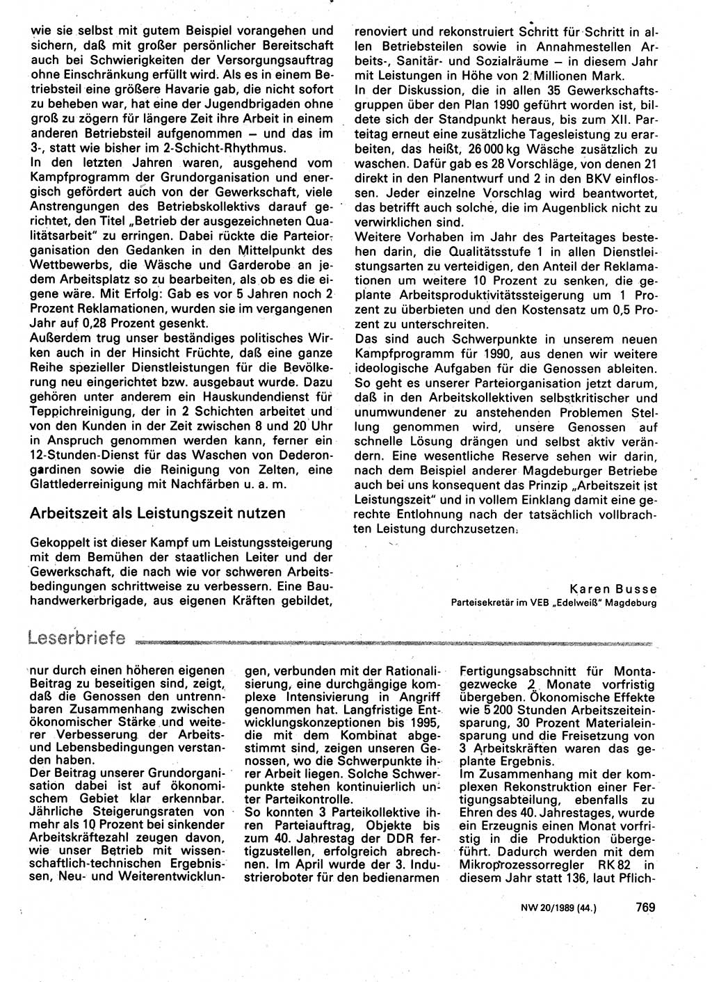 Neuer Weg (NW), Organ des Zentralkomitees (ZK) der SED (Sozialistische Einheitspartei Deutschlands) für Fragen des Parteilebens, 44. Jahrgang [Deutsche Demokratische Republik (DDR)] 1989, Seite 769 (NW ZK SED DDR 1989, S. 769)