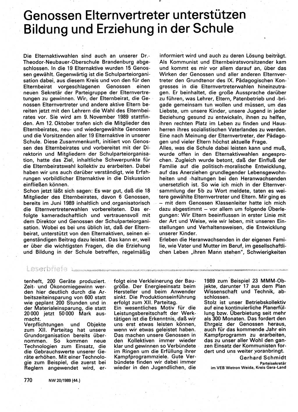 Neuer Weg (NW), Organ des Zentralkomitees (ZK) der SED (Sozialistische Einheitspartei Deutschlands) für Fragen des Parteilebens, 44. Jahrgang [Deutsche Demokratische Republik (DDR)] 1989, Seite 770 (NW ZK SED DDR 1989, S. 770)