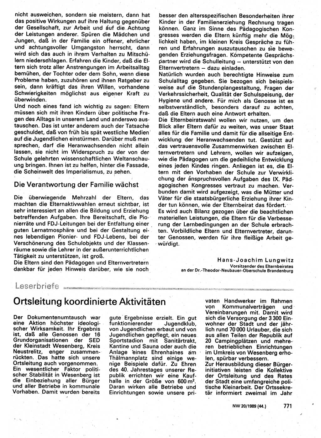 Neuer Weg (NW), Organ des Zentralkomitees (ZK) der SED (Sozialistische Einheitspartei Deutschlands) für Fragen des Parteilebens, 44. Jahrgang [Deutsche Demokratische Republik (DDR)] 1989, Seite 771 (NW ZK SED DDR 1989, S. 771)