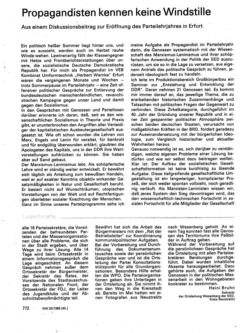 Neuer Weg (NW), Organ des Zentralkomitees (ZK) der SED (Sozialistische Einheitspartei Deutschlands) für Fragen des Parteilebens, 44. Jahrgang [Deutsche Demokratische Republik (DDR)] 1989, Seite 772 (NW ZK SED DDR 1989, S. 772)