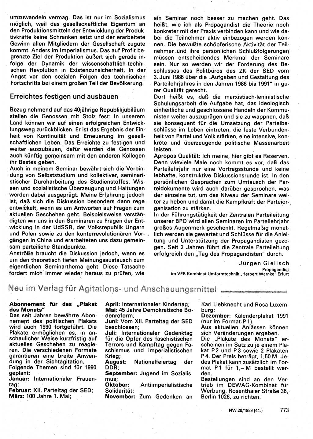 Neuer Weg (NW), Organ des Zentralkomitees (ZK) der SED (Sozialistische Einheitspartei Deutschlands) für Fragen des Parteilebens, 44. Jahrgang [Deutsche Demokratische Republik (DDR)] 1989, Seite 773 (NW ZK SED DDR 1989, S. 773)