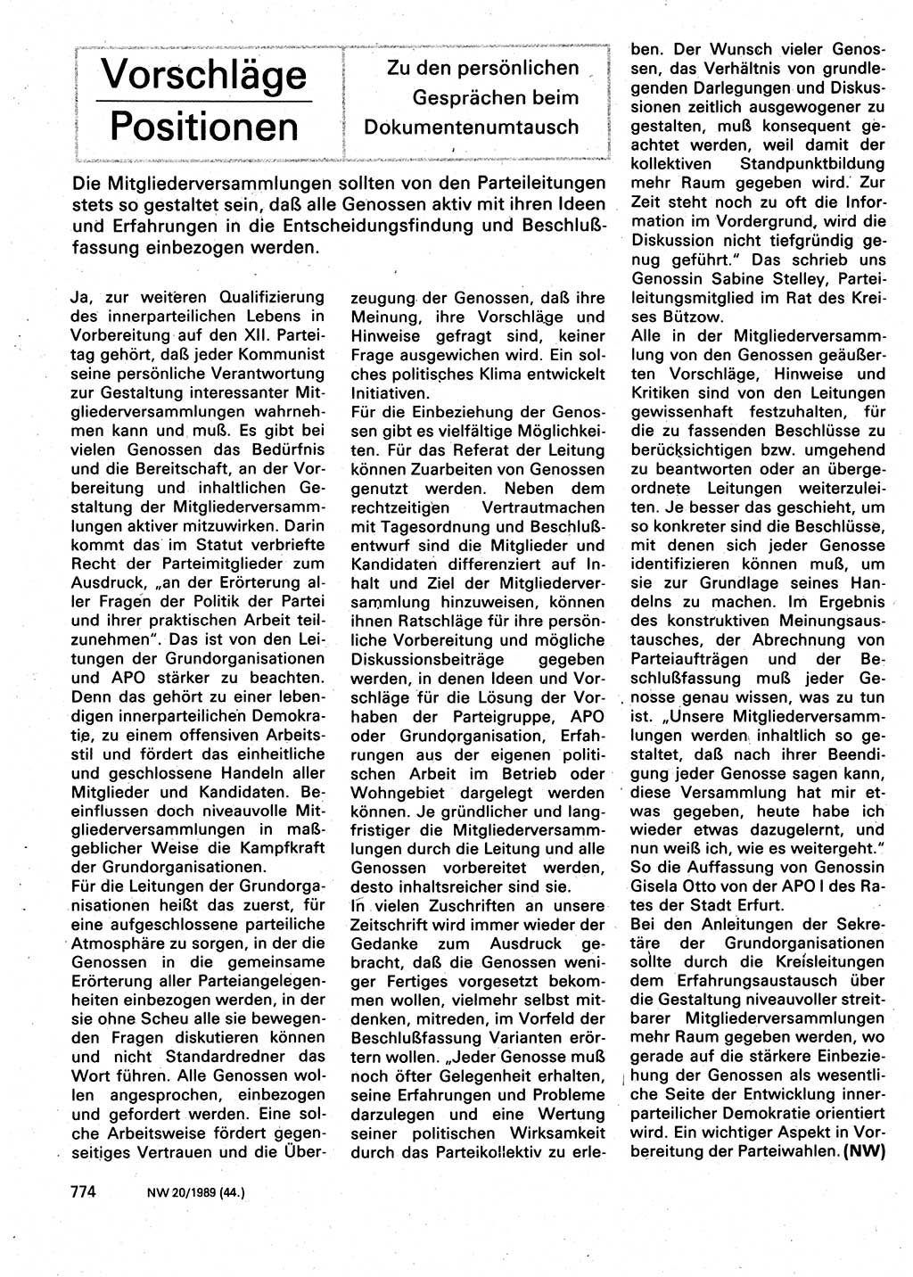 Neuer Weg (NW), Organ des Zentralkomitees (ZK) der SED (Sozialistische Einheitspartei Deutschlands) für Fragen des Parteilebens, 44. Jahrgang [Deutsche Demokratische Republik (DDR)] 1989, Seite 774 (NW ZK SED DDR 1989, S. 774)