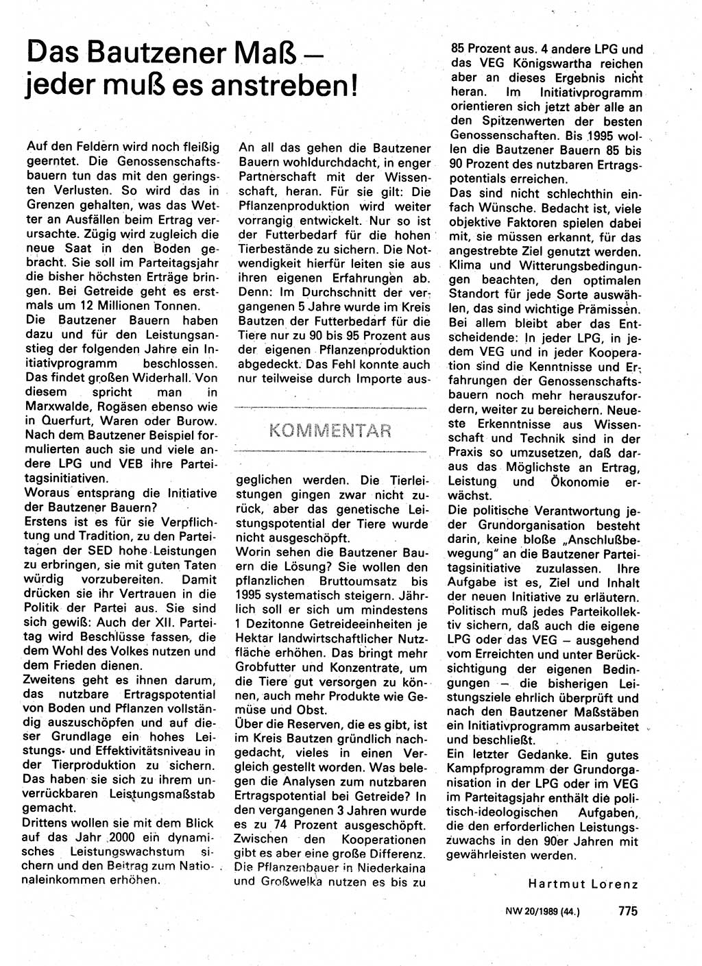 Neuer Weg (NW), Organ des Zentralkomitees (ZK) der SED (Sozialistische Einheitspartei Deutschlands) für Fragen des Parteilebens, 44. Jahrgang [Deutsche Demokratische Republik (DDR)] 1989, Seite 775 (NW ZK SED DDR 1989, S. 775)