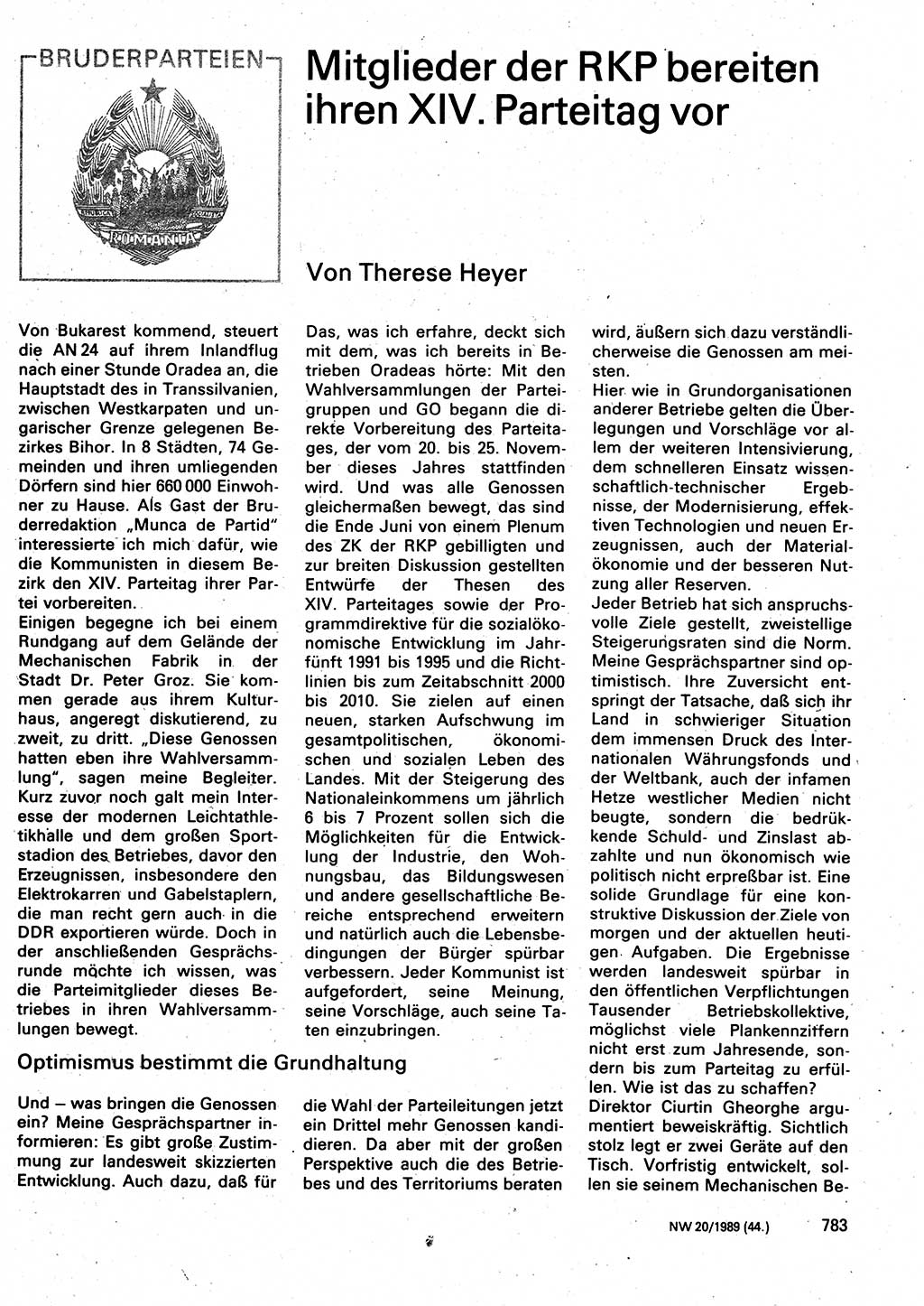 Neuer Weg (NW), Organ des Zentralkomitees (ZK) der SED (Sozialistische Einheitspartei Deutschlands) für Fragen des Parteilebens, 44. Jahrgang [Deutsche Demokratische Republik (DDR)] 1989, Seite 783 (NW ZK SED DDR 1989, S. 783)