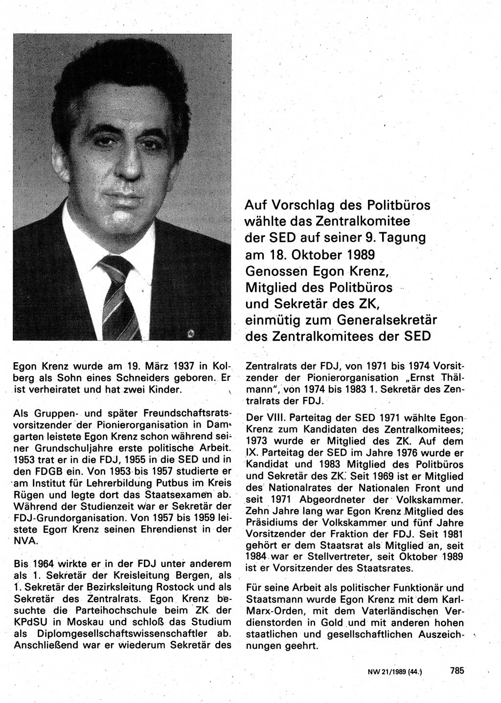 Neuer Weg (NW), Organ des Zentralkomitees (ZK) der SED (Sozialistische Einheitspartei Deutschlands) für Fragen des Parteilebens, 44. Jahrgang [Deutsche Demokratische Republik (DDR)] 1989, Seite 785 (NW ZK SED DDR 1989, S. 785)
