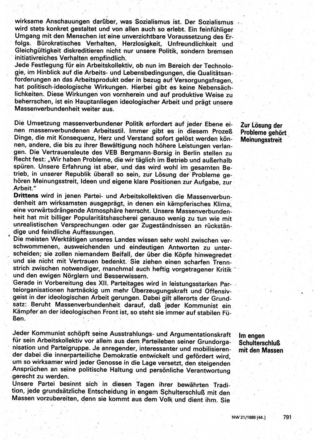 Neuer Weg (NW), Organ des Zentralkomitees (ZK) der SED (Sozialistische Einheitspartei Deutschlands) für Fragen des Parteilebens, 44. Jahrgang [Deutsche Demokratische Republik (DDR)] 1989, Seite 791 (NW ZK SED DDR 1989, S. 791)