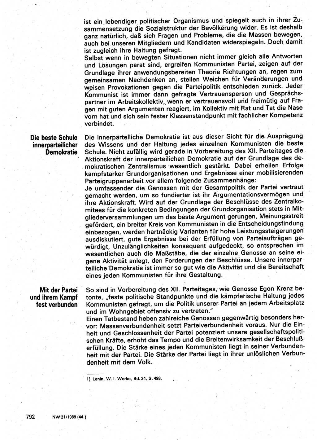 Neuer Weg (NW), Organ des Zentralkomitees (ZK) der SED (Sozialistische Einheitspartei Deutschlands) für Fragen des Parteilebens, 44. Jahrgang [Deutsche Demokratische Republik (DDR)] 1989, Seite 792 (NW ZK SED DDR 1989, S. 792)