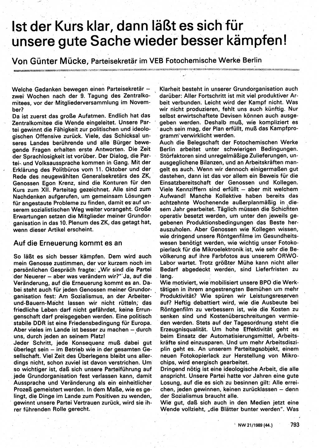 Neuer Weg (NW), Organ des Zentralkomitees (ZK) der SED (Sozialistische Einheitspartei Deutschlands) für Fragen des Parteilebens, 44. Jahrgang [Deutsche Demokratische Republik (DDR)] 1989, Seite 793 (NW ZK SED DDR 1989, S. 793)