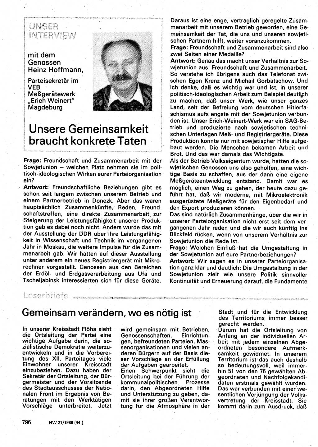 Neuer Weg (NW), Organ des Zentralkomitees (ZK) der SED (Sozialistische Einheitspartei Deutschlands) für Fragen des Parteilebens, 44. Jahrgang [Deutsche Demokratische Republik (DDR)] 1989, Seite 796 (NW ZK SED DDR 1989, S. 796)