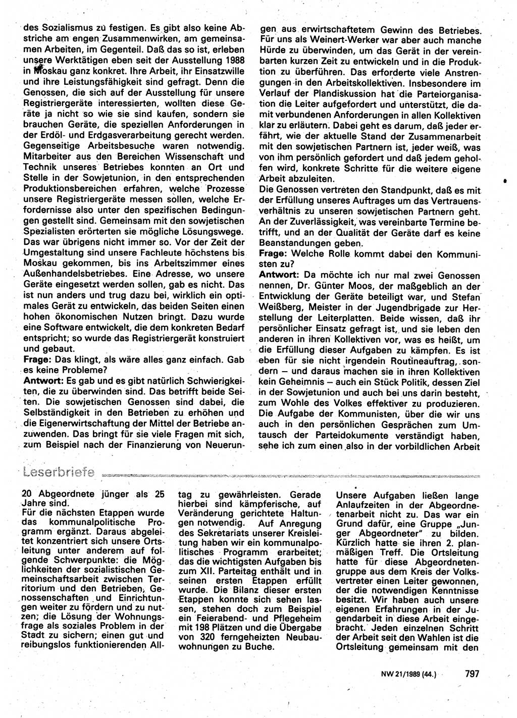 Neuer Weg (NW), Organ des Zentralkomitees (ZK) der SED (Sozialistische Einheitspartei Deutschlands) für Fragen des Parteilebens, 44. Jahrgang [Deutsche Demokratische Republik (DDR)] 1989, Seite 797 (NW ZK SED DDR 1989, S. 797)