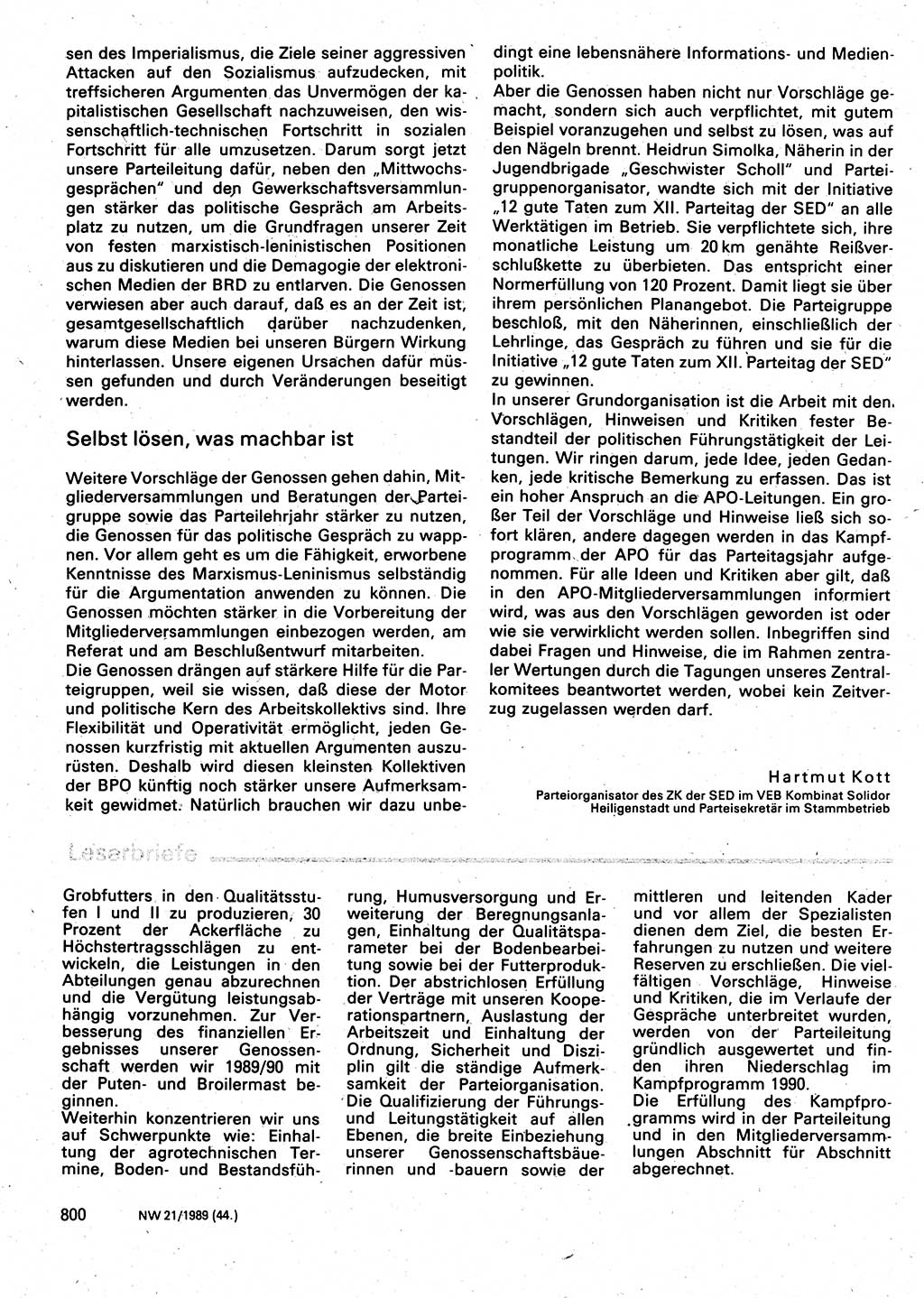Neuer Weg (NW), Organ des Zentralkomitees (ZK) der SED (Sozialistische Einheitspartei Deutschlands) fÃ¼r Fragen des Parteilebens, 44. Jahrgang [Deutsche Demokratische Republik (DDR)] 1989, Seite 800 (NW ZK SED DDR 1989, S. 800)