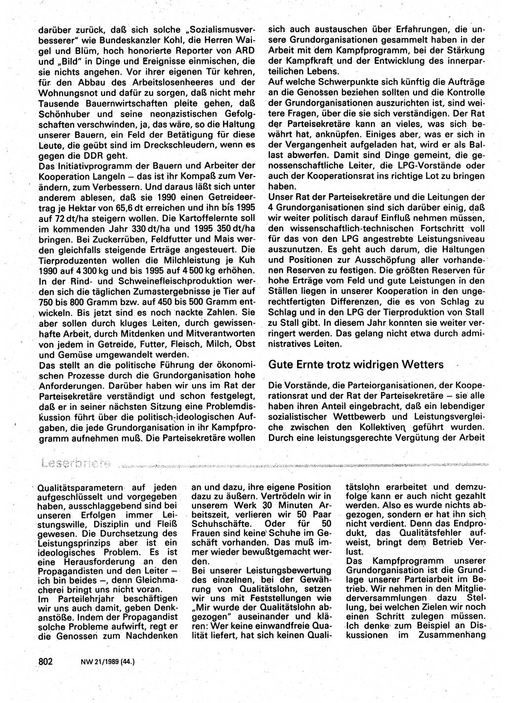 Neuer Weg (NW), Organ des Zentralkomitees (ZK) der SED (Sozialistische Einheitspartei Deutschlands) für Fragen des Parteilebens, 44. Jahrgang [Deutsche Demokratische Republik (DDR)] 1989, Seite 802 (NW ZK SED DDR 1989, S. 802)