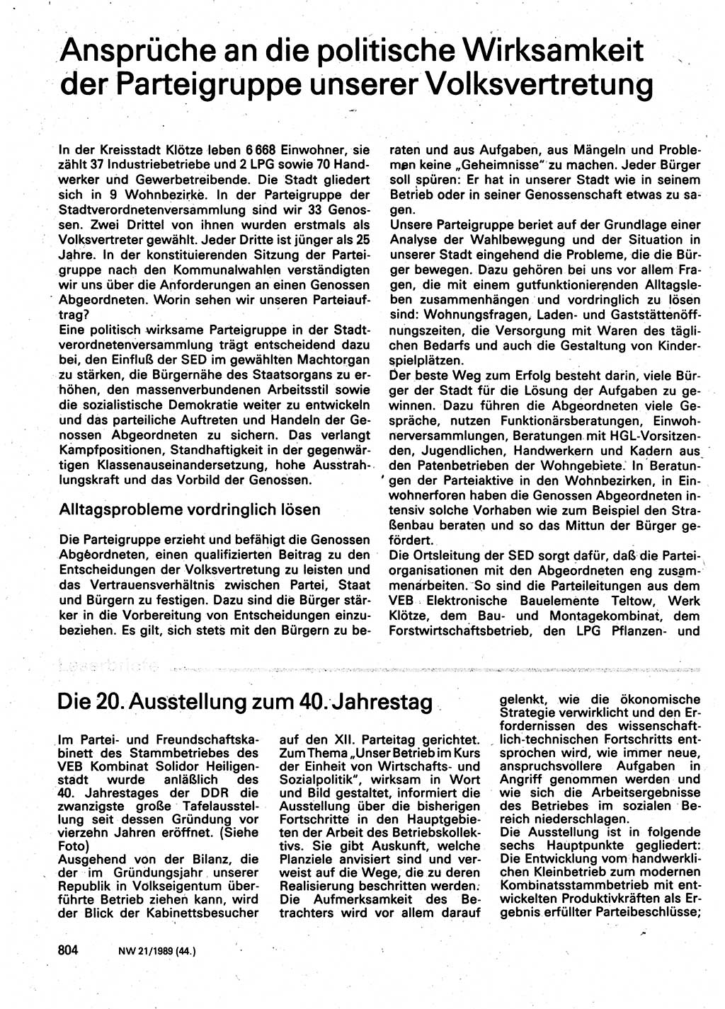 Neuer Weg (NW), Organ des Zentralkomitees (ZK) der SED (Sozialistische Einheitspartei Deutschlands) für Fragen des Parteilebens, 44. Jahrgang [Deutsche Demokratische Republik (DDR)] 1989, Seite 804 (NW ZK SED DDR 1989, S. 804)