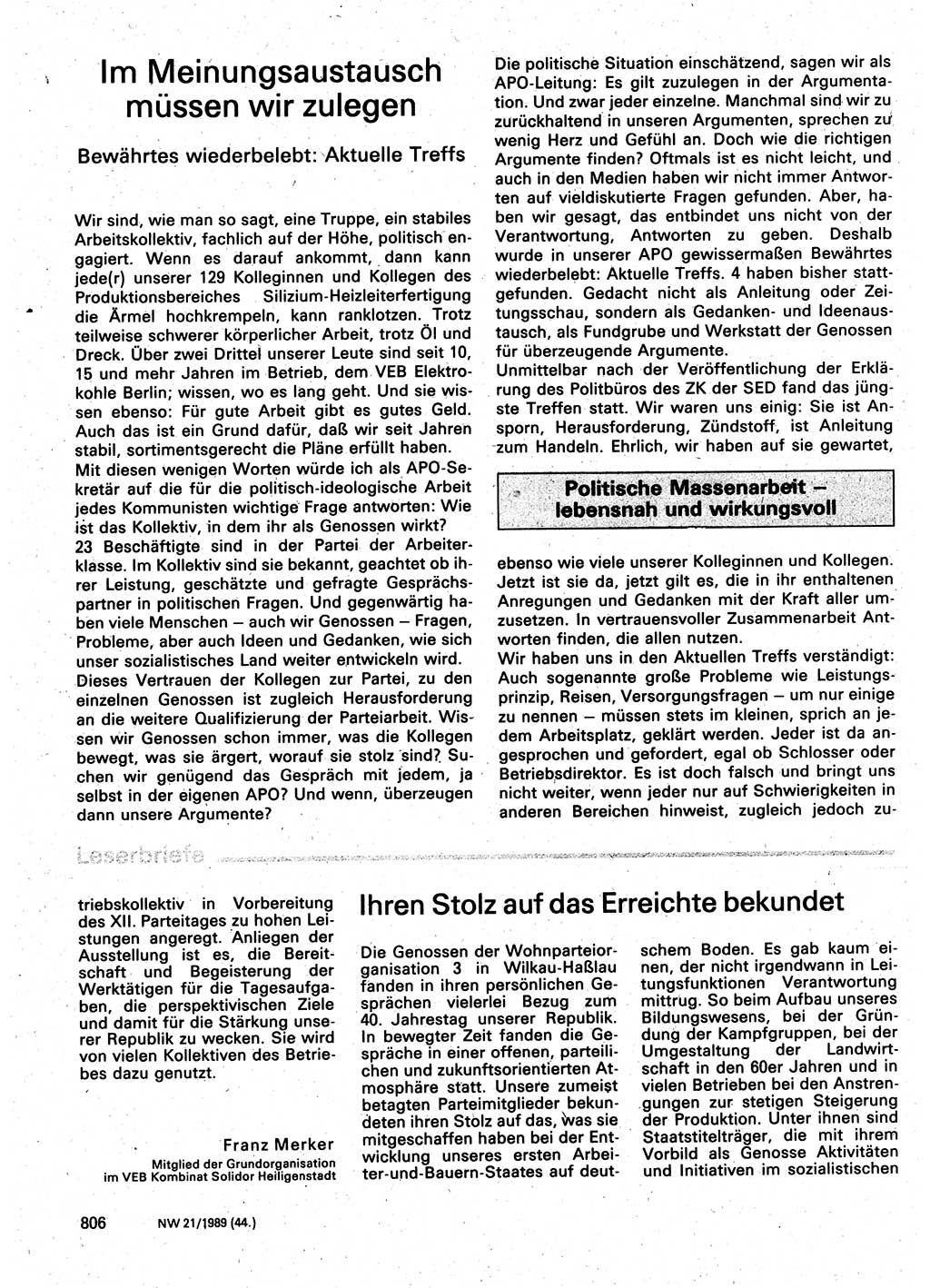 Neuer Weg (NW), Organ des Zentralkomitees (ZK) der SED (Sozialistische Einheitspartei Deutschlands) für Fragen des Parteilebens, 44. Jahrgang [Deutsche Demokratische Republik (DDR)] 1989, Seite 806 (NW ZK SED DDR 1989, S. 806)