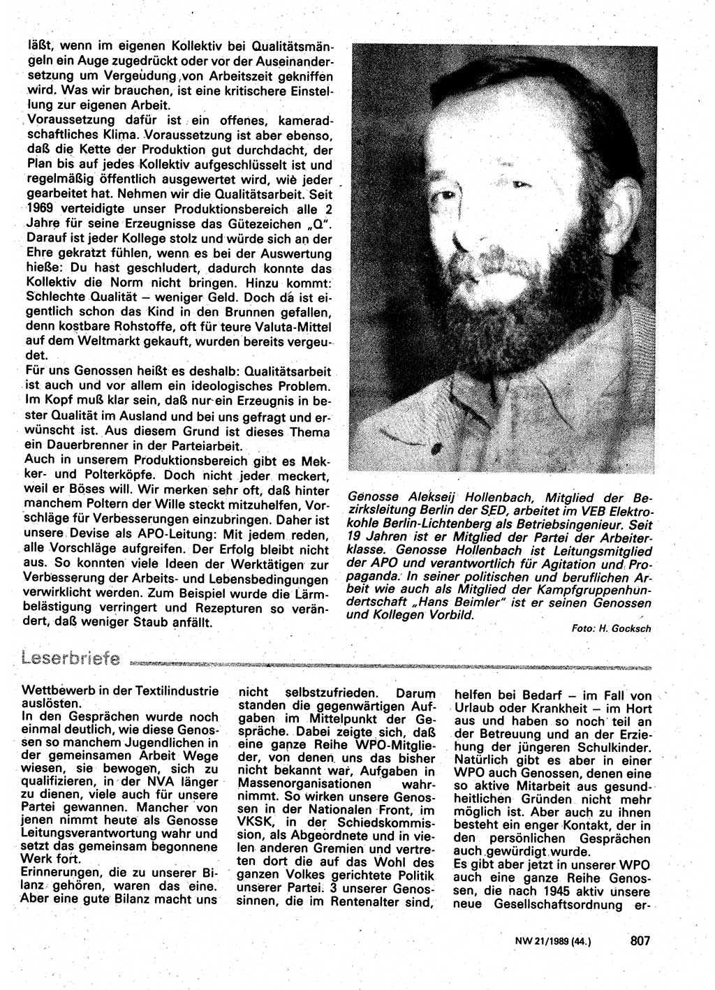 Neuer Weg (NW), Organ des Zentralkomitees (ZK) der SED (Sozialistische Einheitspartei Deutschlands) für Fragen des Parteilebens, 44. Jahrgang [Deutsche Demokratische Republik (DDR)] 1989, Seite 807 (NW ZK SED DDR 1989, S. 807)