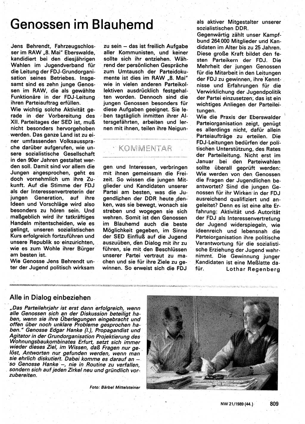 Neuer Weg (NW), Organ des Zentralkomitees (ZK) der SED (Sozialistische Einheitspartei Deutschlands) für Fragen des Parteilebens, 44. Jahrgang [Deutsche Demokratische Republik (DDR)] 1989, Seite 809 (NW ZK SED DDR 1989, S. 809)