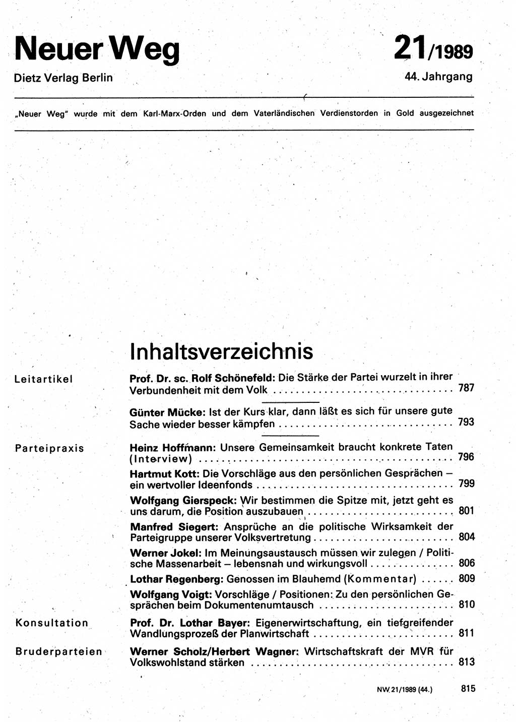 Neuer Weg (NW), Organ des Zentralkomitees (ZK) der SED (Sozialistische Einheitspartei Deutschlands) für Fragen des Parteilebens, 44. Jahrgang [Deutsche Demokratische Republik (DDR)] 1989, Seite 815 (NW ZK SED DDR 1989, S. 815)