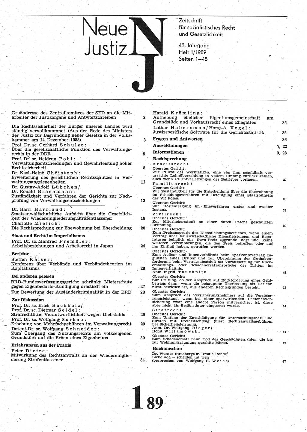 Neue Justiz (NJ), Zeitschrift für sozialistisches Recht und Gesetzlichkeit [Deutsche Demokratische Republik (DDR)], 43. Jahrgang 1989, Seite 1 (NJ DDR 1989, S. 1)