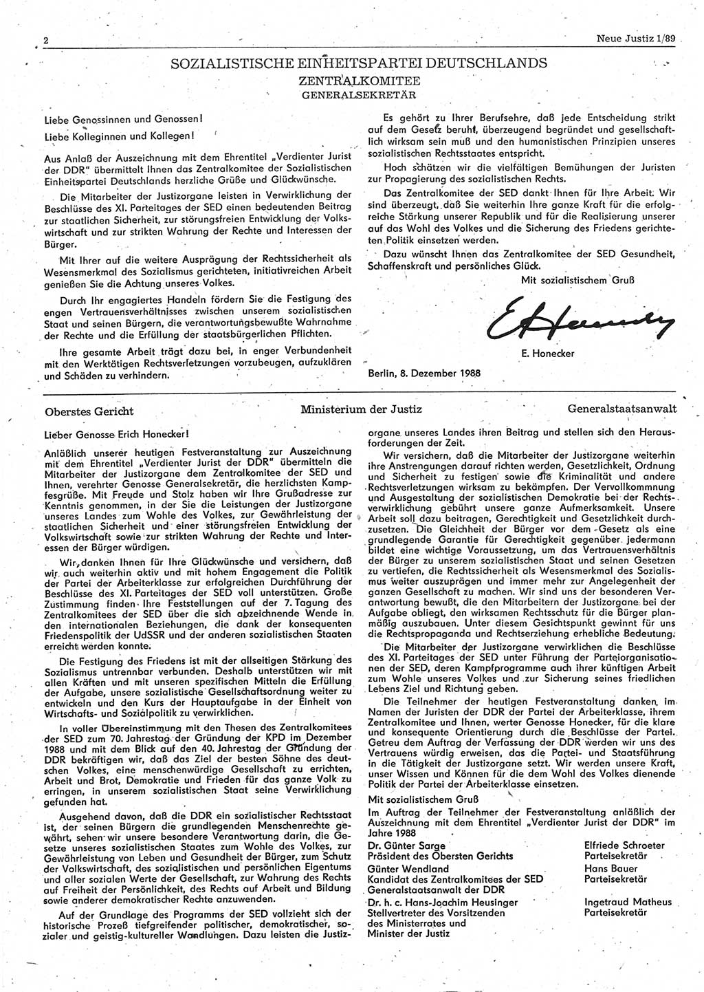 Neue Justiz (NJ), Zeitschrift für sozialistisches Recht und Gesetzlichkeit [Deutsche Demokratische Republik (DDR)], 43. Jahrgang 1989, Seite 2 (NJ DDR 1989, S. 2)