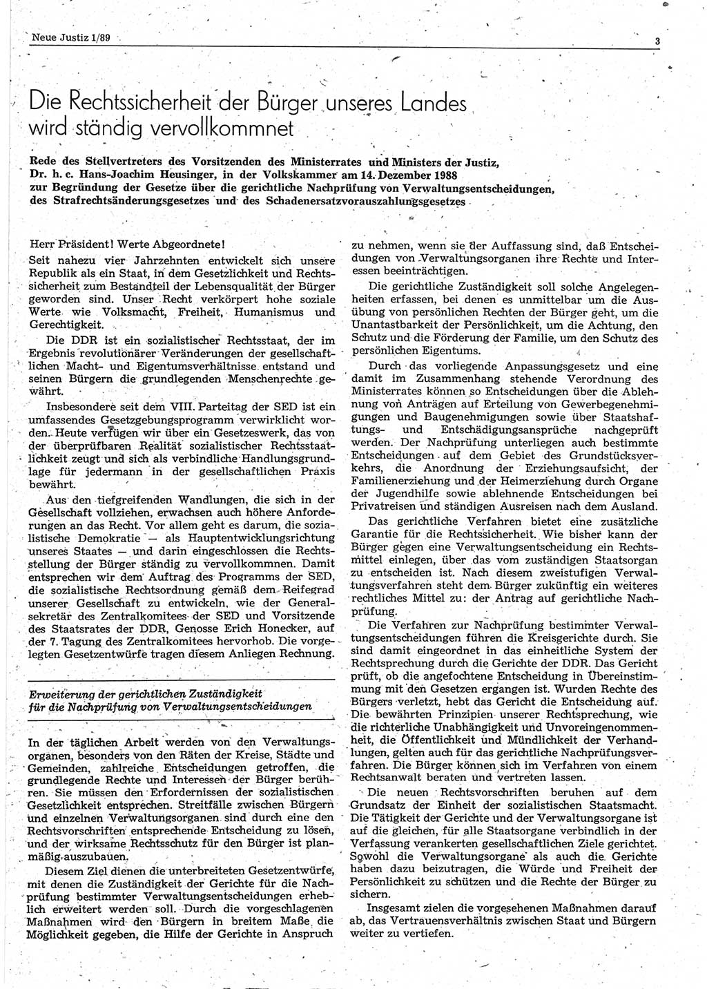 Neue Justiz (NJ), Zeitschrift für sozialistisches Recht und Gesetzlichkeit [Deutsche Demokratische Republik (DDR)], 43. Jahrgang 1989, Seite 3 (NJ DDR 1989, S. 3)