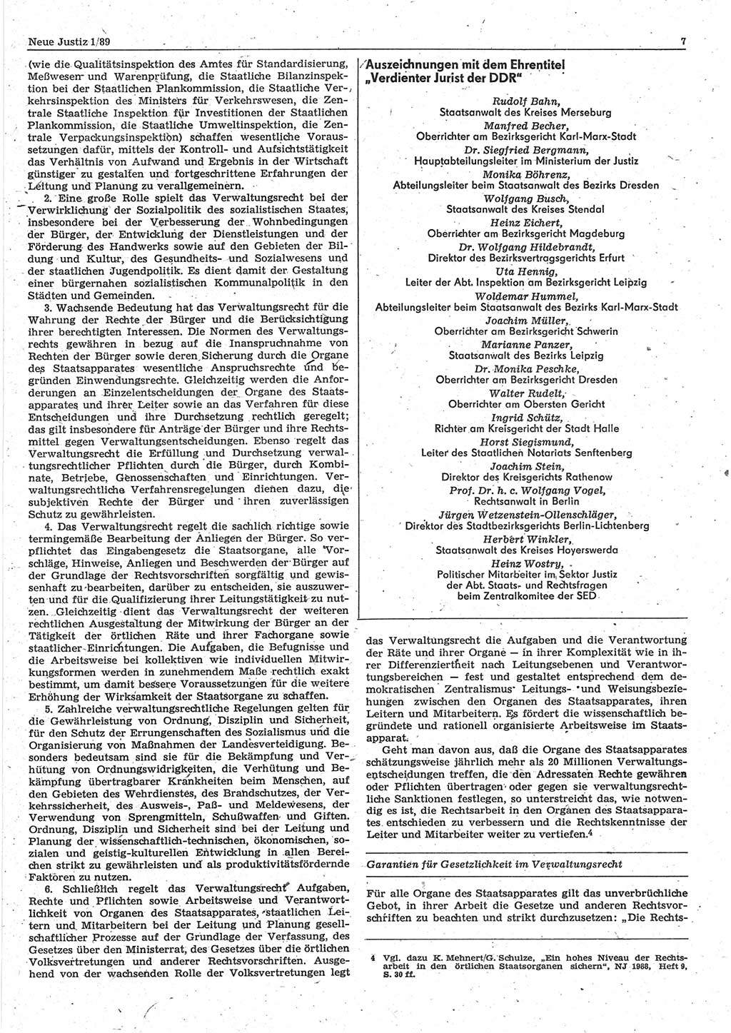 Neue Justiz (NJ), Zeitschrift für sozialistisches Recht und Gesetzlichkeit [Deutsche Demokratische Republik (DDR)], 43. Jahrgang 1989, Seite 7 (NJ DDR 1989, S. 7)