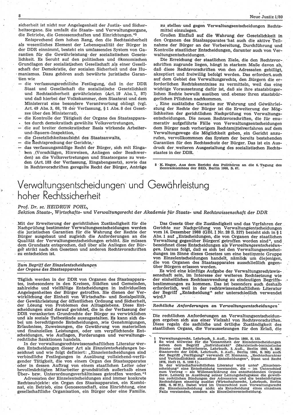 Neue Justiz (NJ), Zeitschrift für sozialistisches Recht und Gesetzlichkeit [Deutsche Demokratische Republik (DDR)], 43. Jahrgang 1989, Seite 8 (NJ DDR 1989, S. 8)