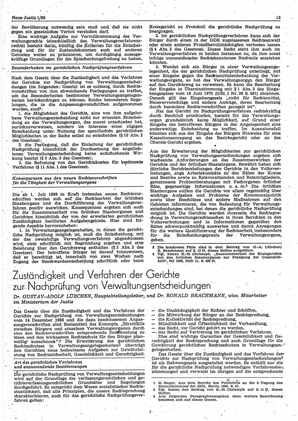 Neue Justiz (NJ), Zeitschrift für sozialistisches Recht und Gesetzlichkeit [Deutsche Demokratische Republik (DDR)], 43. Jahrgang 1989, Seite 13 (NJ DDR 1989, S. 13)
