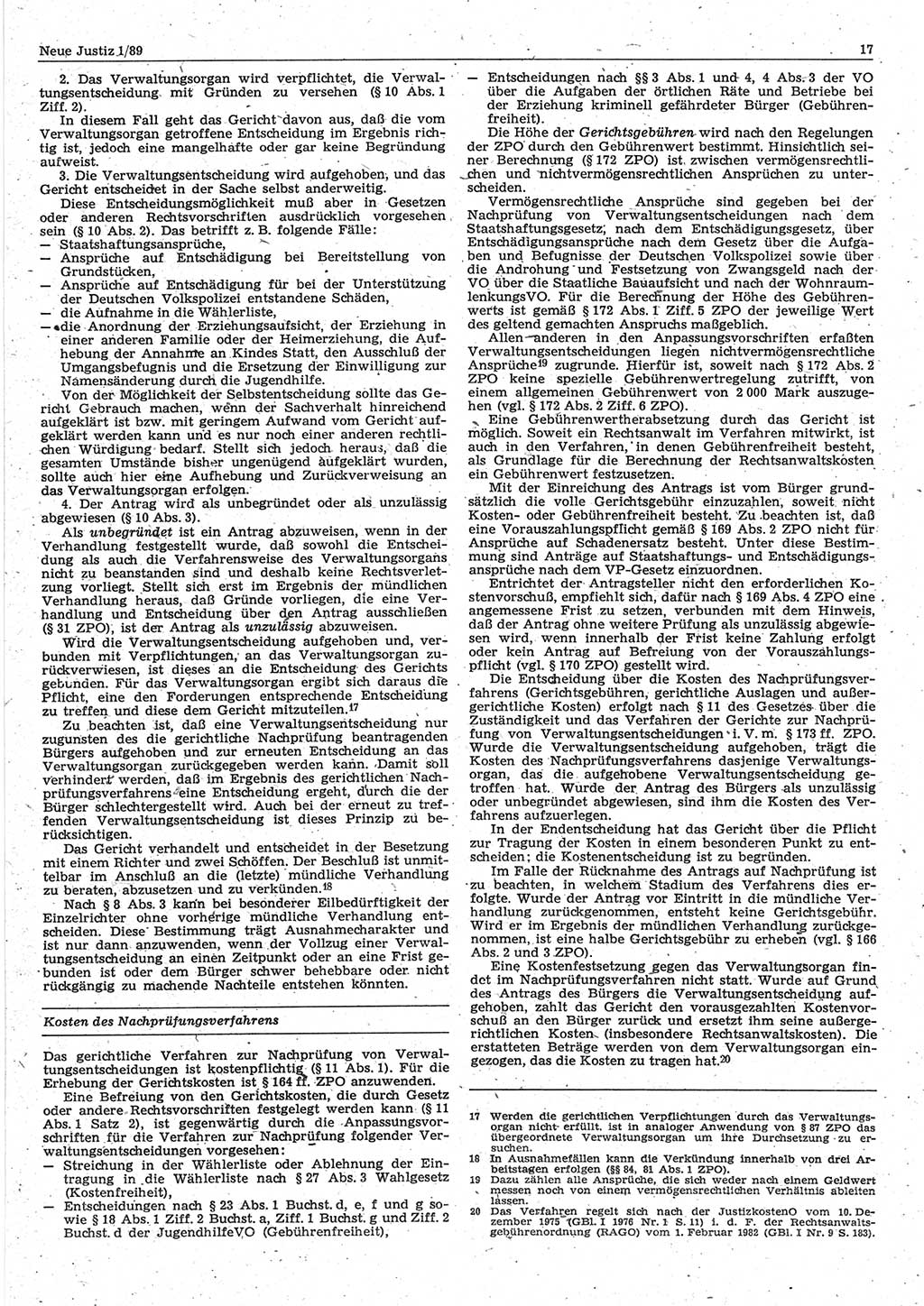 Neue Justiz (NJ), Zeitschrift für sozialistisches Recht und Gesetzlichkeit [Deutsche Demokratische Republik (DDR)], 43. Jahrgang 1989, Seite 17 (NJ DDR 1989, S. 17)