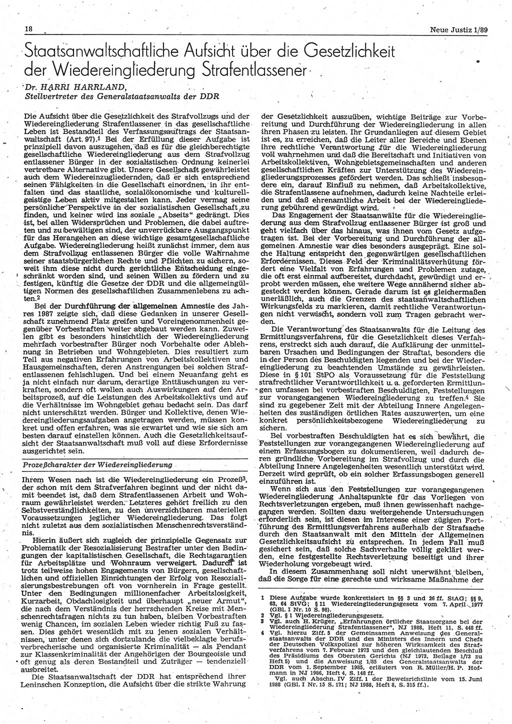 Neue Justiz (NJ), Zeitschrift für sozialistisches Recht und Gesetzlichkeit [Deutsche Demokratische Republik (DDR)], 43. Jahrgang 1989, Seite 18 (NJ DDR 1989, S. 18)