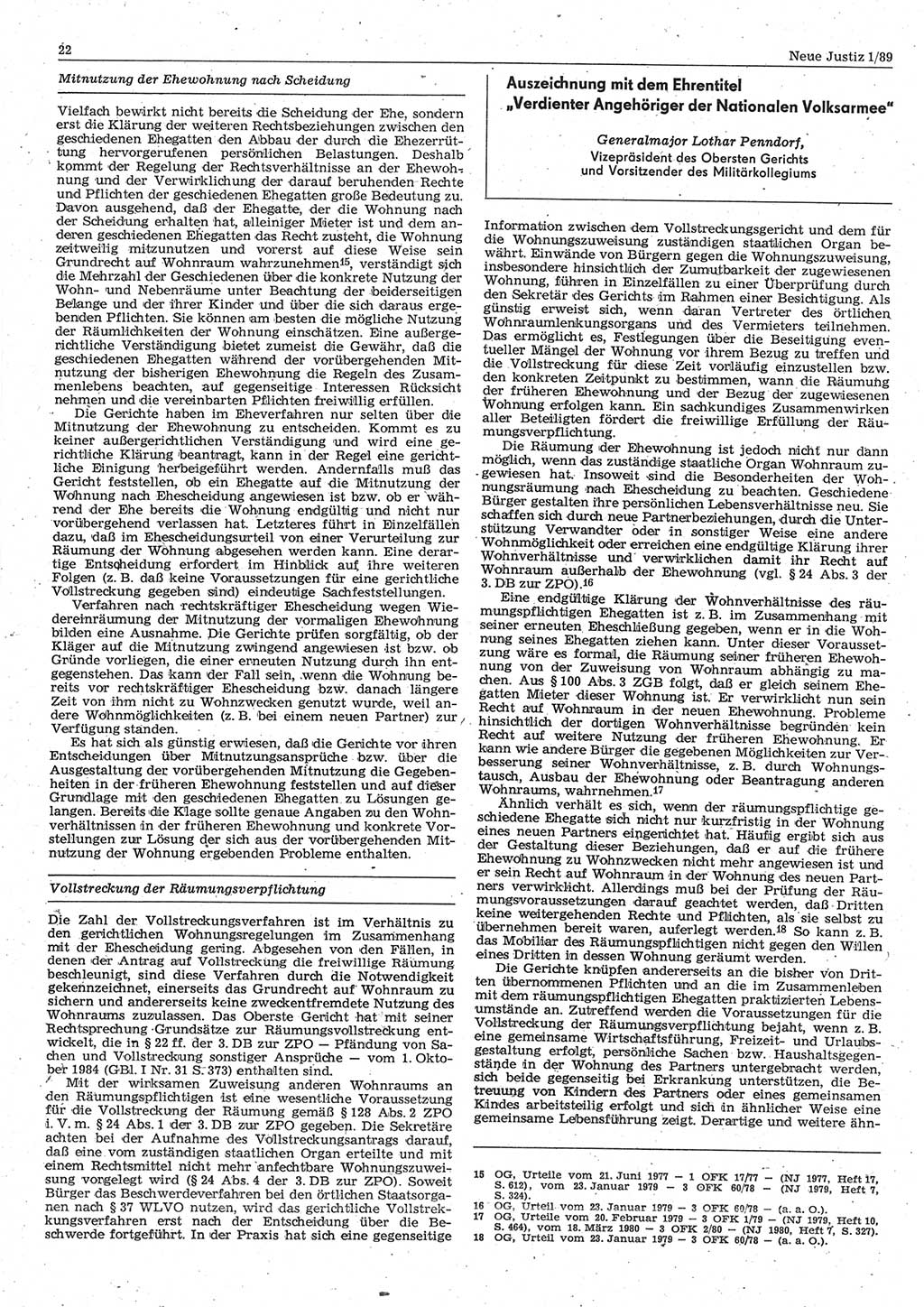Neue Justiz (NJ), Zeitschrift für sozialistisches Recht und Gesetzlichkeit [Deutsche Demokratische Republik (DDR)], 43. Jahrgang 1989, Seite 22 (NJ DDR 1989, S. 22)