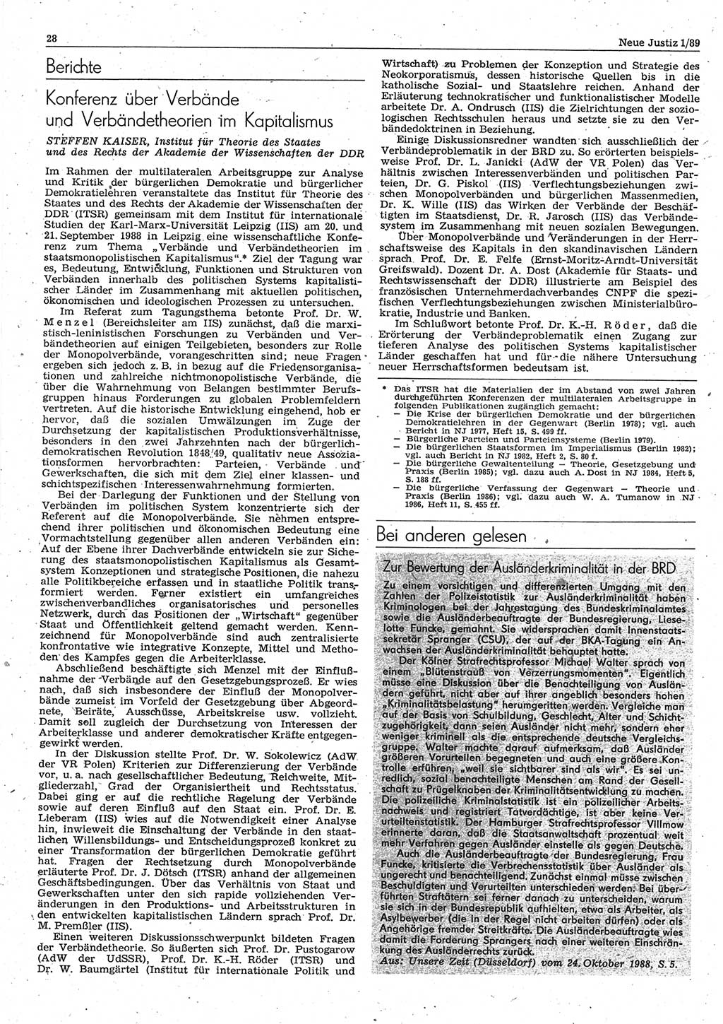Neue Justiz (NJ), Zeitschrift für sozialistisches Recht und Gesetzlichkeit [Deutsche Demokratische Republik (DDR)], 43. Jahrgang 1989, Seite 28 (NJ DDR 1989, S. 28)