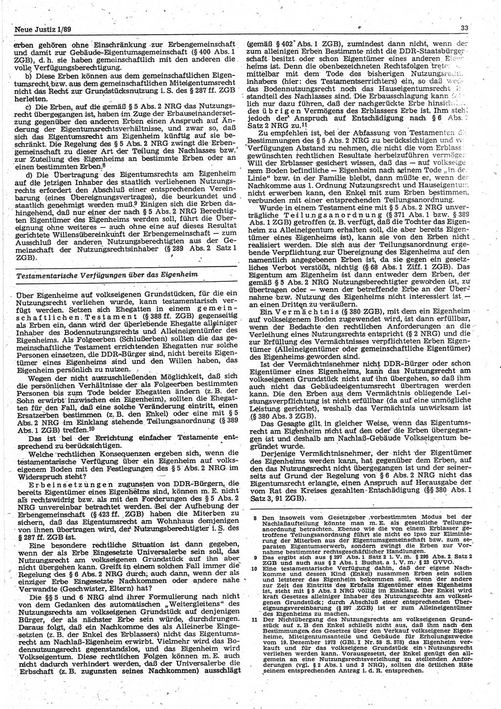 Neue Justiz (NJ), Zeitschrift für sozialistisches Recht und Gesetzlichkeit [Deutsche Demokratische Republik (DDR)], 43. Jahrgang 1989, Seite 33 (NJ DDR 1989, S. 33)