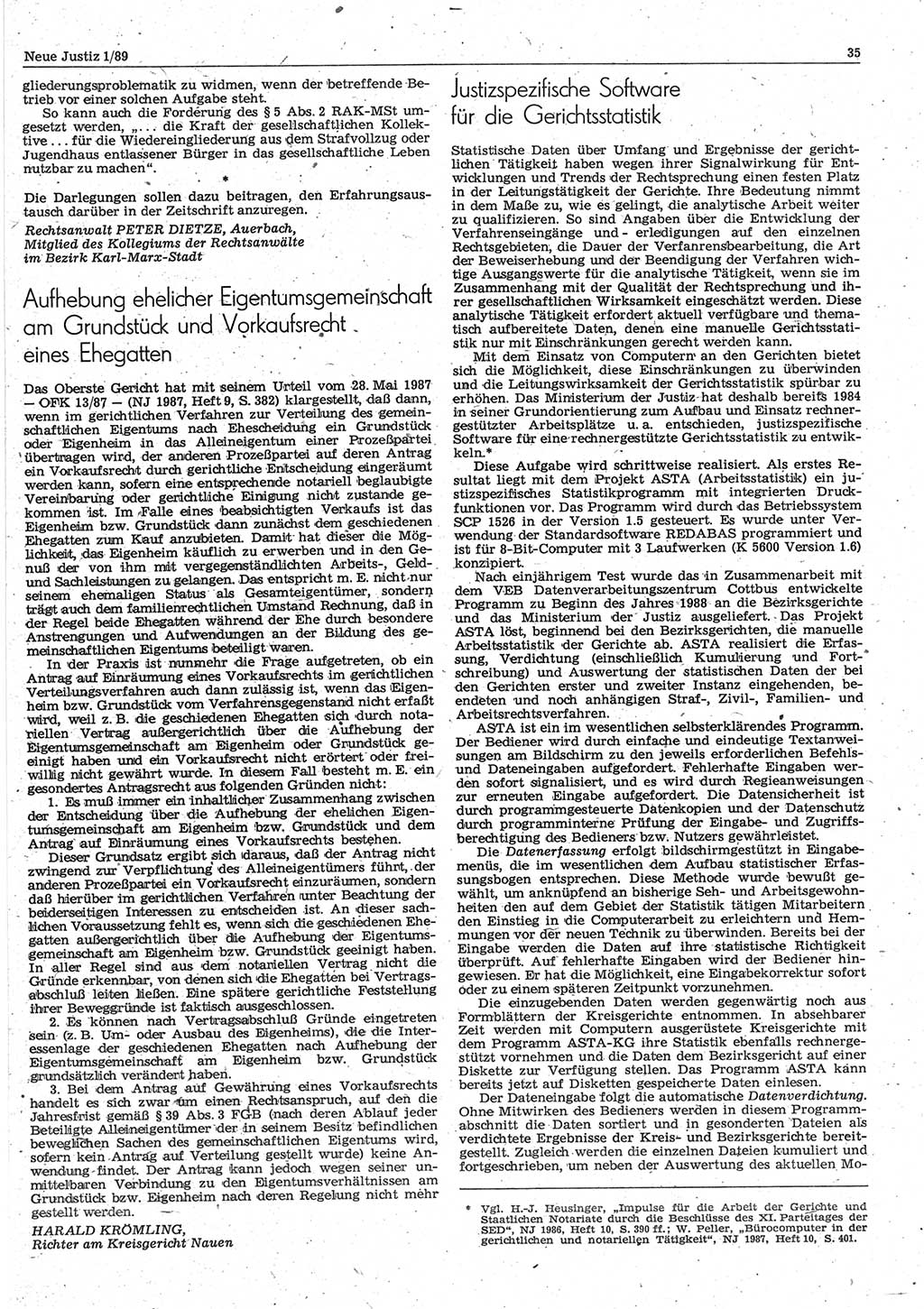 Neue Justiz (NJ), Zeitschrift für sozialistisches Recht und Gesetzlichkeit [Deutsche Demokratische Republik (DDR)], 43. Jahrgang 1989, Seite 35 (NJ DDR 1989, S. 35)