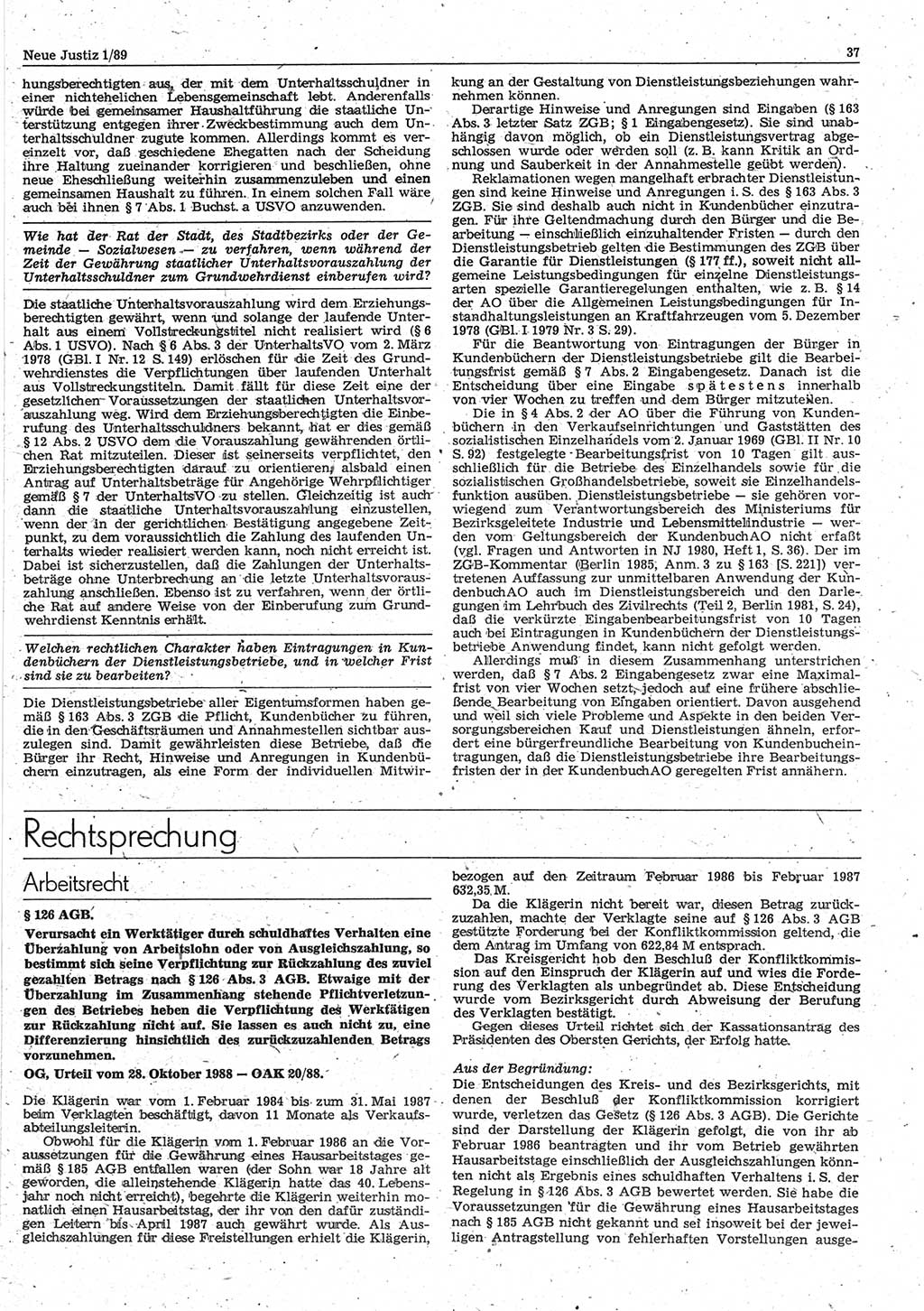 Neue Justiz (NJ), Zeitschrift für sozialistisches Recht und Gesetzlichkeit [Deutsche Demokratische Republik (DDR)], 43. Jahrgang 1989, Seite 37 (NJ DDR 1989, S. 37)