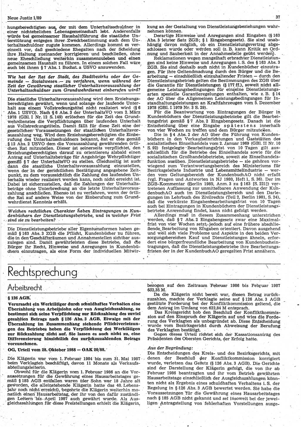 Neue Justiz (NJ), Zeitschrift für sozialistisches Recht und Gesetzlichkeit [Deutsche Demokratische Republik (DDR)], 43. Jahrgang 1989, Seite 37 (NJ DDR 1989, S. 37)