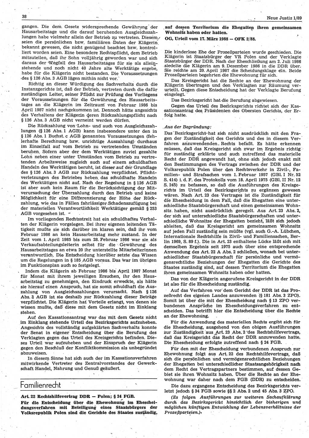 Neue Justiz (NJ), Zeitschrift für sozialistisches Recht und Gesetzlichkeit [Deutsche Demokratische Republik (DDR)], 43. Jahrgang 1989, Seite 38 (NJ DDR 1989, S. 38)