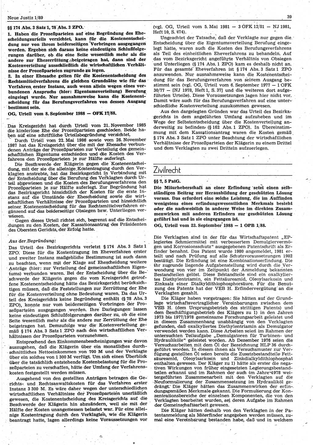 Neue Justiz (NJ), Zeitschrift für sozialistisches Recht und Gesetzlichkeit [Deutsche Demokratische Republik (DDR)], 43. Jahrgang 1989, Seite 39 (NJ DDR 1989, S. 39)