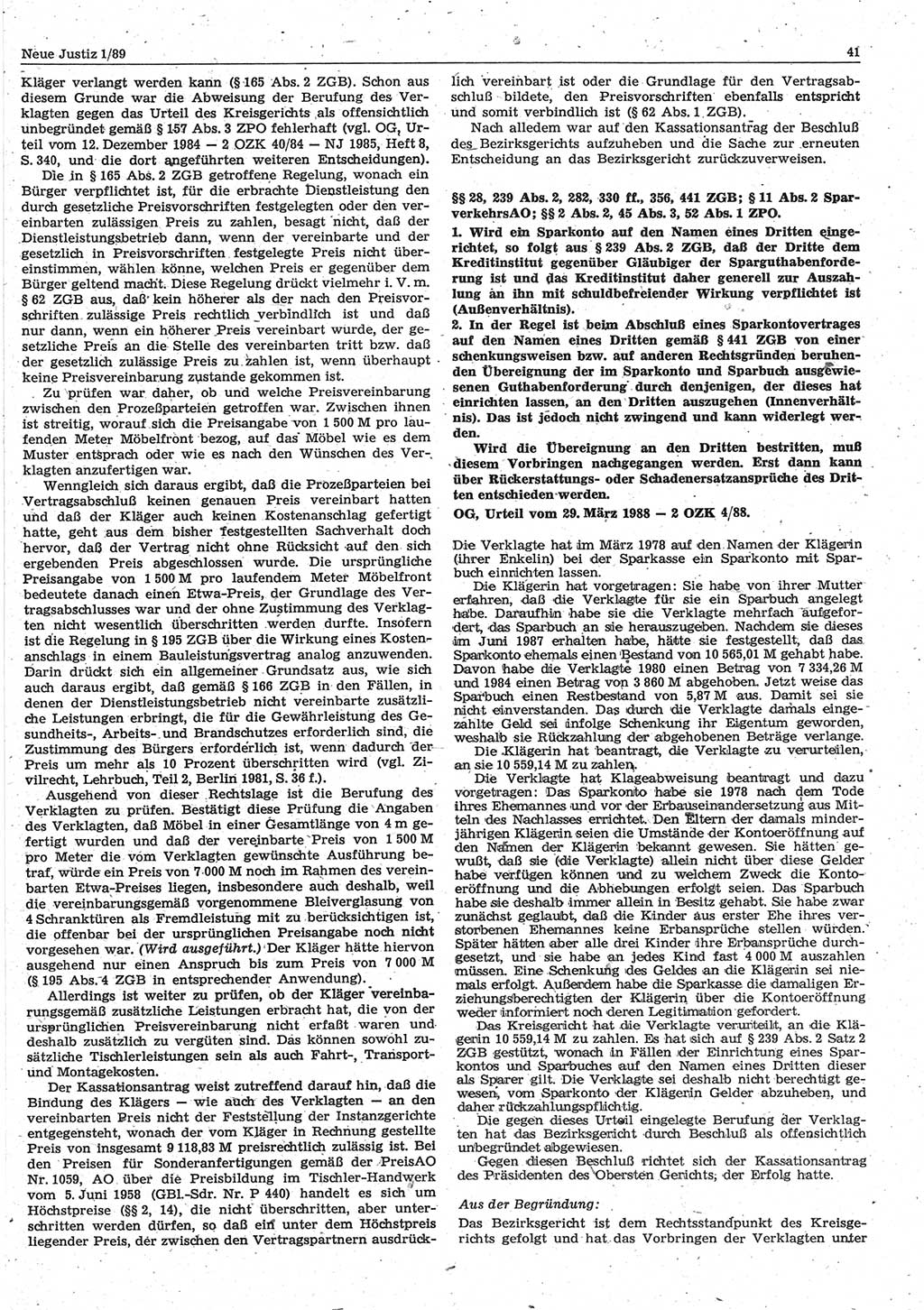 Neue Justiz (NJ), Zeitschrift für sozialistisches Recht und Gesetzlichkeit [Deutsche Demokratische Republik (DDR)], 43. Jahrgang 1989, Seite 41 (NJ DDR 1989, S. 41)