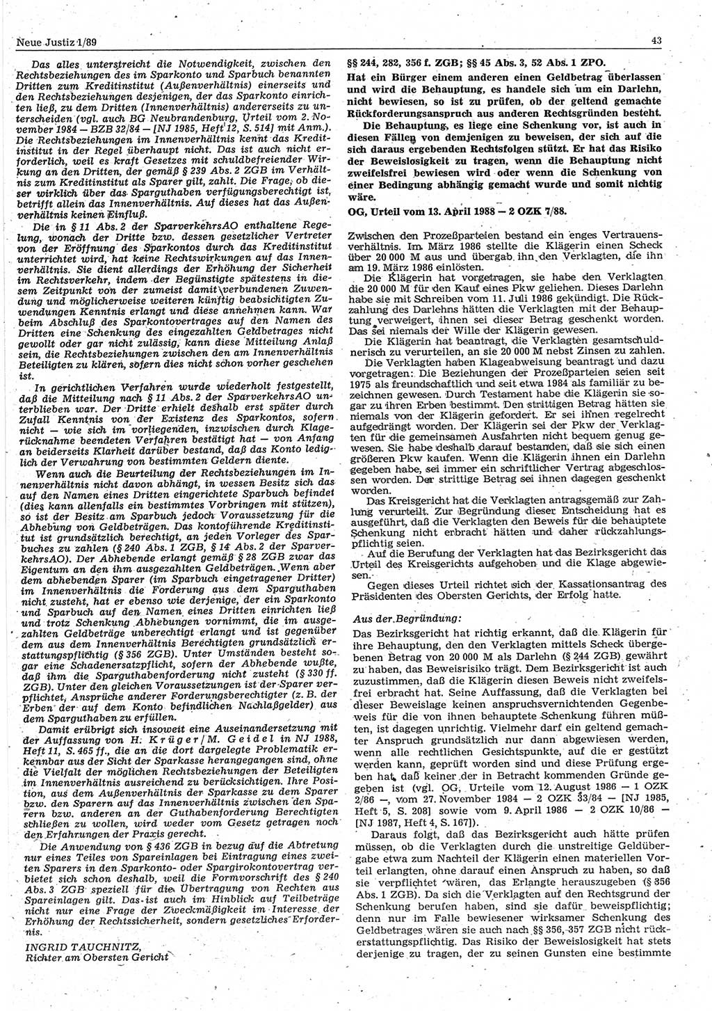 Neue Justiz (NJ), Zeitschrift für sozialistisches Recht und Gesetzlichkeit [Deutsche Demokratische Republik (DDR)], 43. Jahrgang 1989, Seite 43 (NJ DDR 1989, S. 43)
