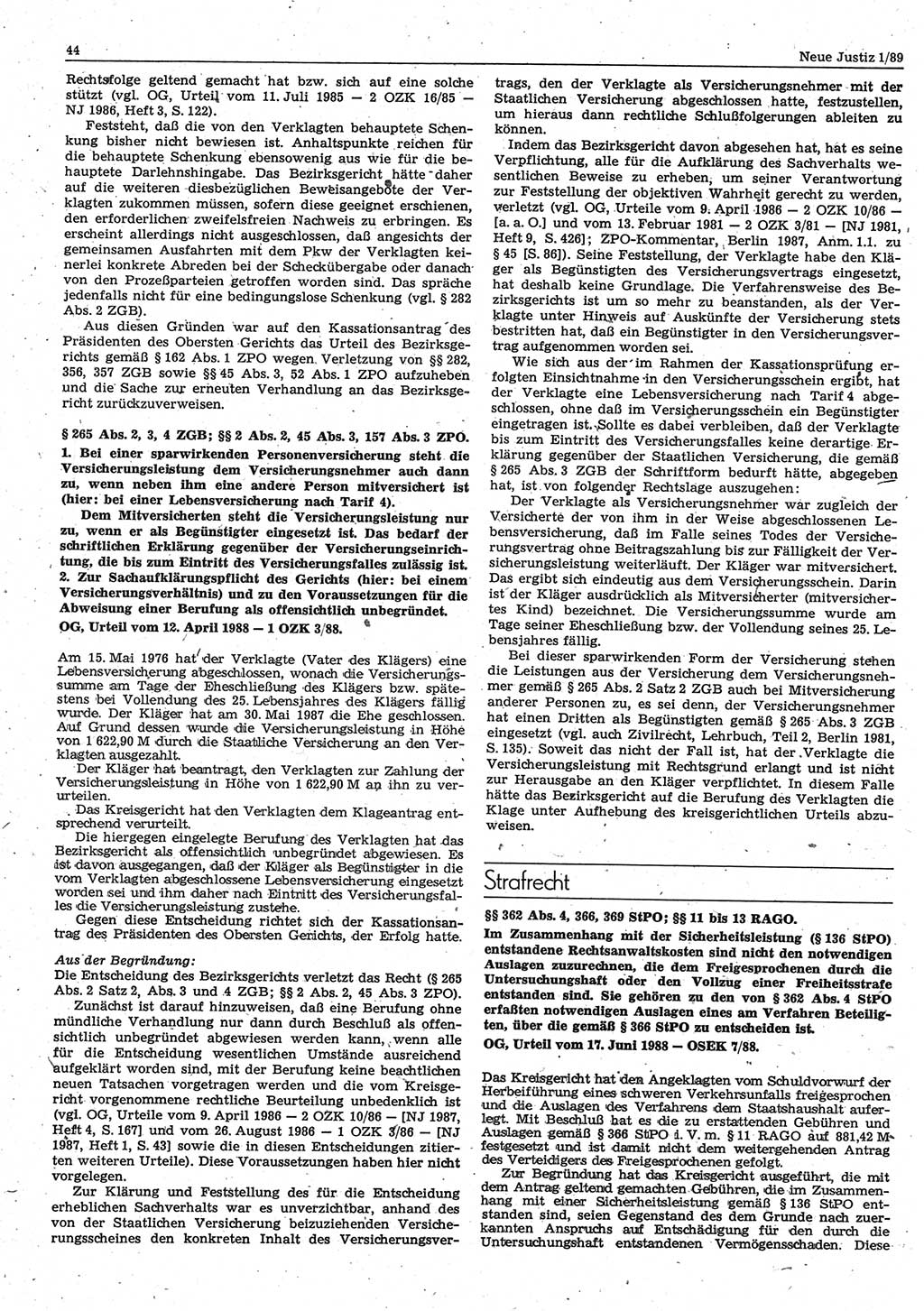 Neue Justiz (NJ), Zeitschrift für sozialistisches Recht und Gesetzlichkeit [Deutsche Demokratische Republik (DDR)], 43. Jahrgang 1989, Seite 44 (NJ DDR 1989, S. 44)