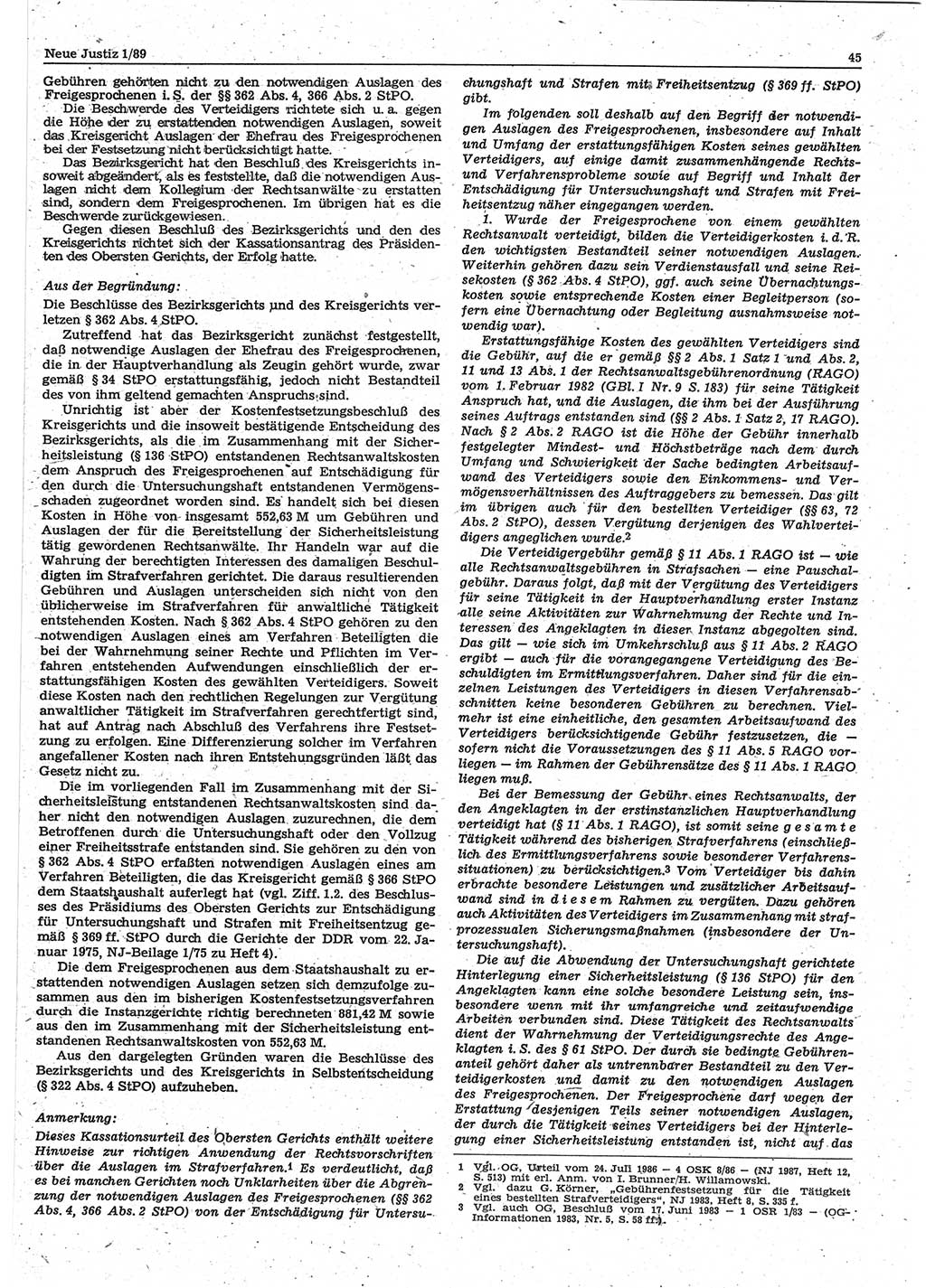 Neue Justiz (NJ), Zeitschrift für sozialistisches Recht und Gesetzlichkeit [Deutsche Demokratische Republik (DDR)], 43. Jahrgang 1989, Seite 45 (NJ DDR 1989, S. 45)