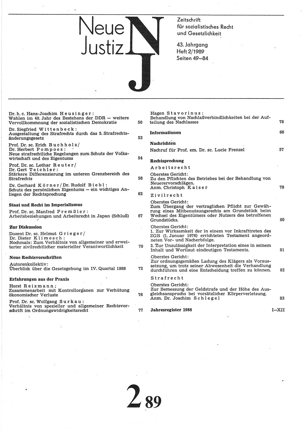 Neue Justiz (NJ), Zeitschrift für sozialistisches Recht und Gesetzlichkeit [Deutsche Demokratische Republik (DDR)], 43. Jahrgang 1989, Seite 49 (NJ DDR 1989, S. 49)